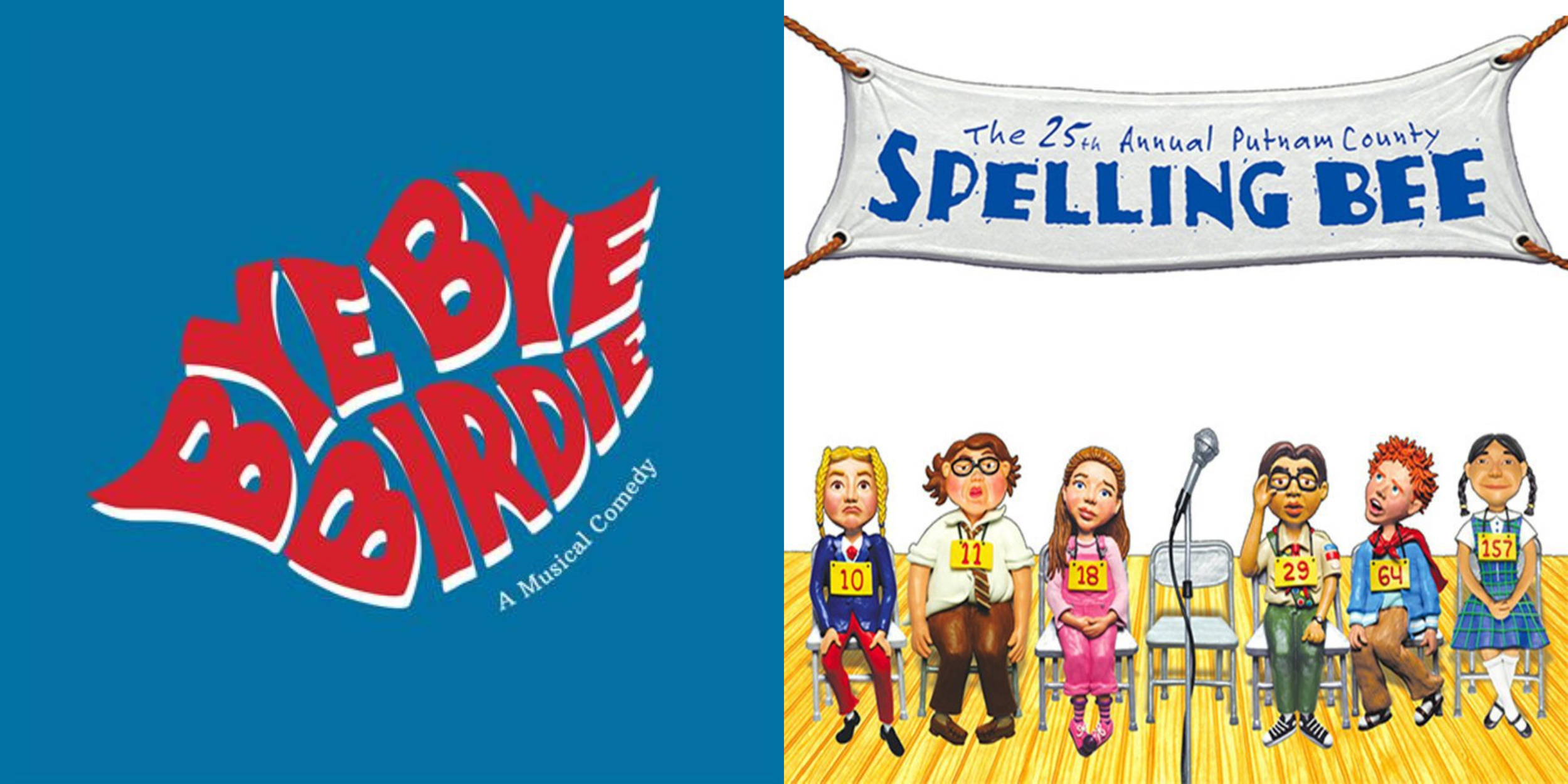 Two logos. Left side, a blue background with red text reads, 'BYE BYE BIRDIE A Musical Comedy'. On the right, a drawing of six children at a spelling bee with a microphone in front of them. A banner reads, 'The 25th Annual Putnam County Spelling Bee'