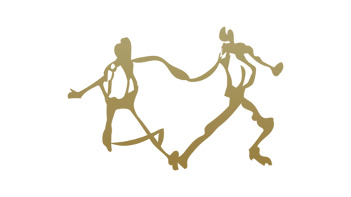 Detour Logo in gold. Two stick figures dancing and forming a heart shape with their arms and legs.